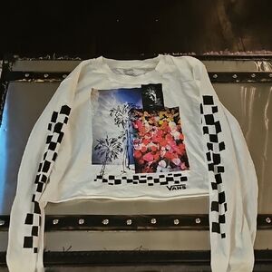 Womans M Vans White Long Sleeve with Checkered Sleeves Cropped